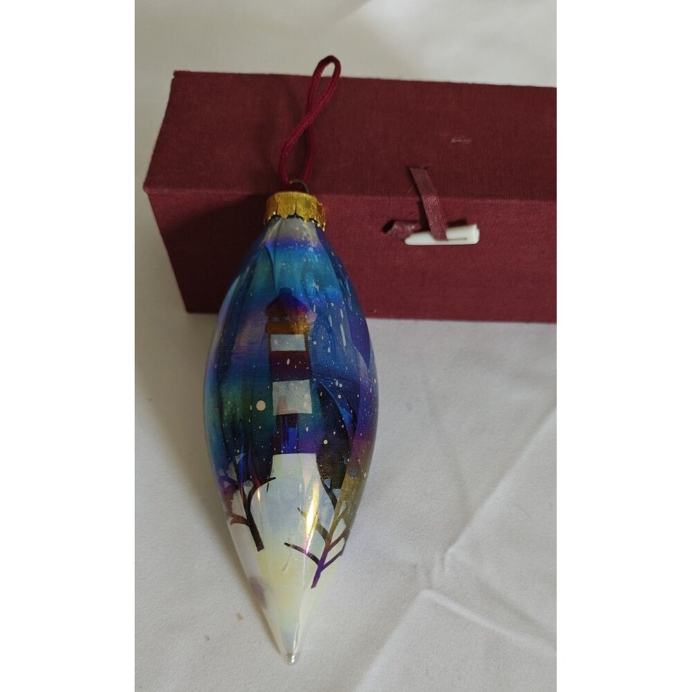 Lighthouse, Glass Tear Drop Christmas Ornament Inside Hand Painted 5"